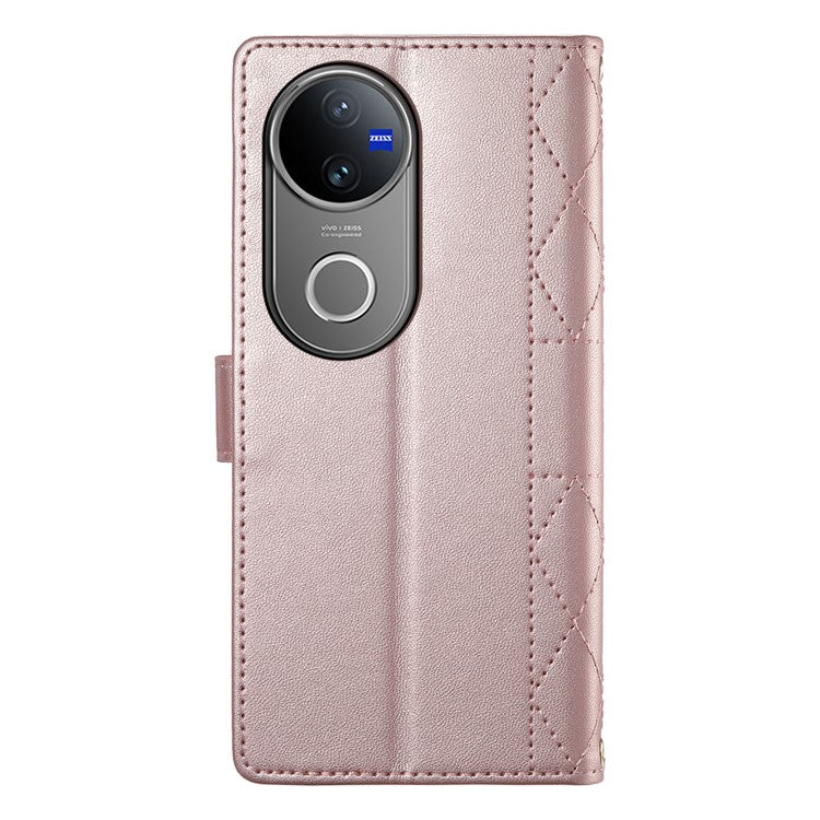 For vivo V50 5G Case Rhombus Stitching Wallet Stand Leather Phone Cover with Long  /  Short Strap - Rose Gold