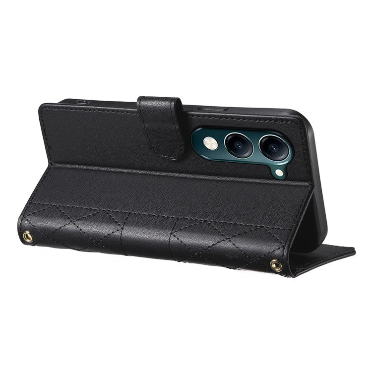 For vivo Y04 4G  /  Y29s 5G Case Rhombus Stitching Wallet Stand Leather Phone Cover with Long  /  Short Strap - Black