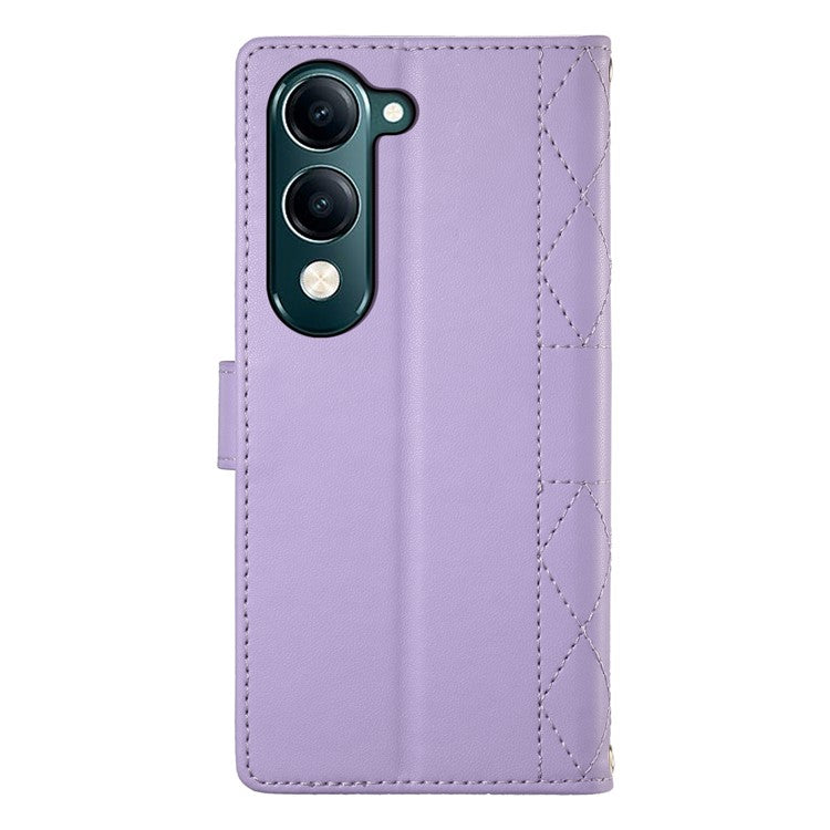 For vivo Y04 4G  /  Y29s 5G Case Rhombus Stitching Wallet Stand Leather Phone Cover with Long  /  Short Strap - Purple