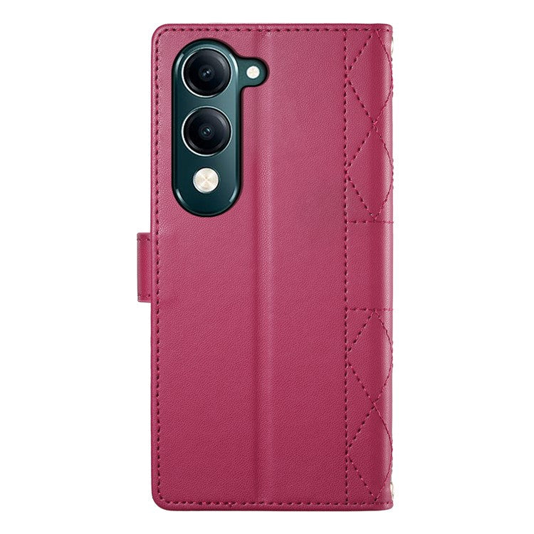 For vivo Y04 4G  /  Y29s 5G Case Rhombus Stitching Wallet Stand Leather Phone Cover with Long  /  Short Strap - Red