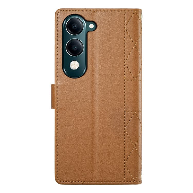 For vivo Y04 4G  /  Y29s 5G Case Rhombus Stitching Wallet Stand Leather Phone Cover with Long  /  Short Strap - Brown