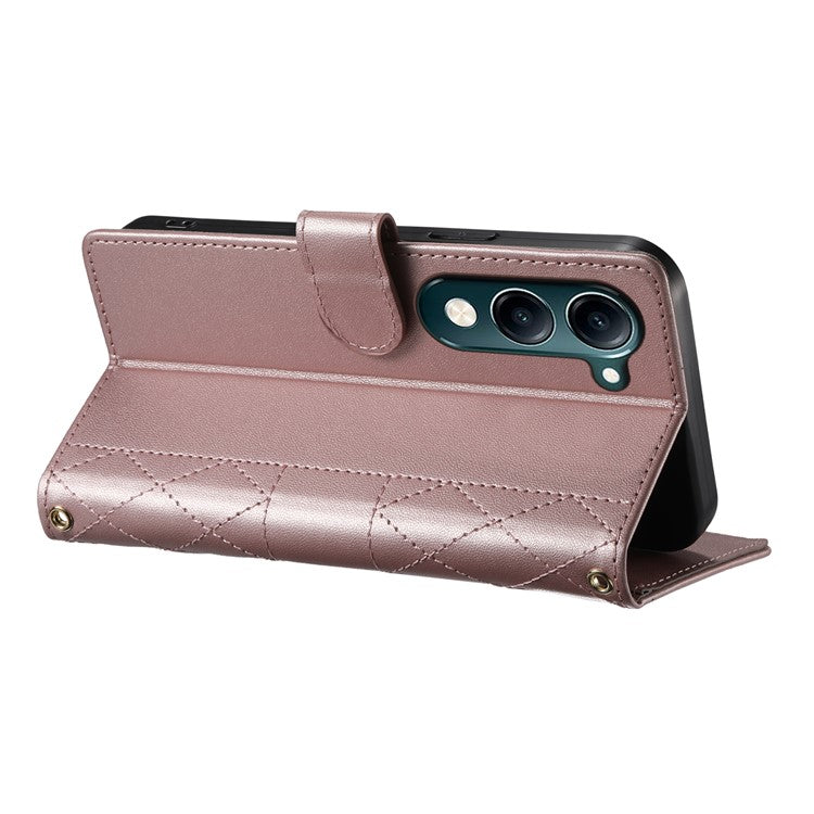 For vivo Y04 4G  /  Y29s 5G Case Rhombus Stitching Wallet Stand Leather Phone Cover with Long  /  Short Strap - Rose Gold