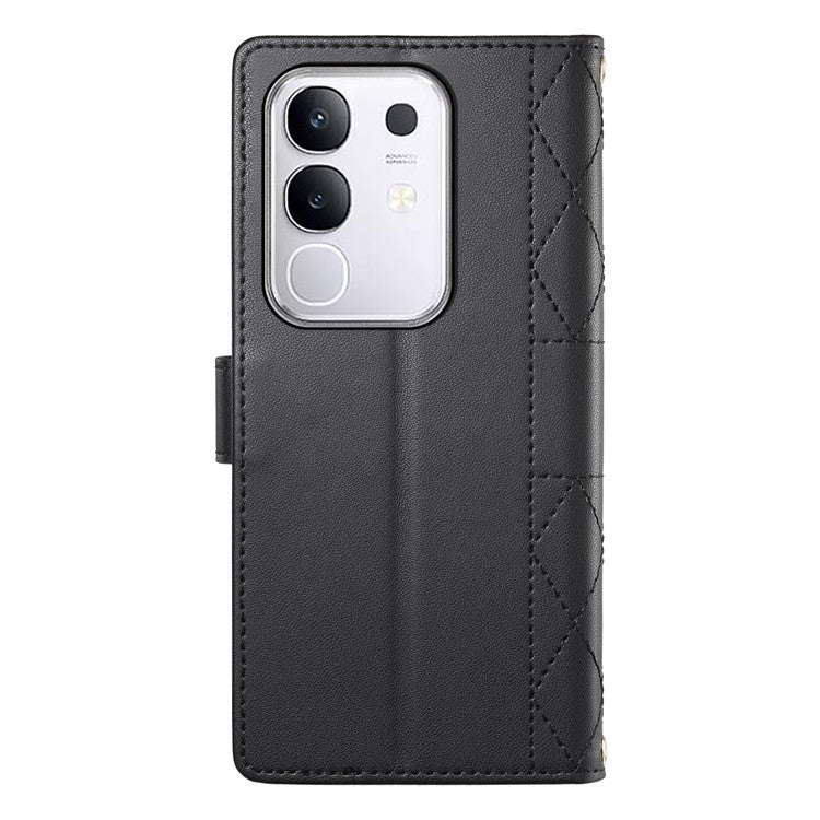 For vivo Y29 4G Case Rhombus Stitching Wallet Stand Leather Phone Cover with Long  /  Short Strap - Black