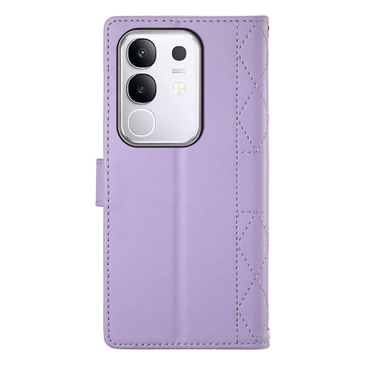 For vivo Y29 4G Case Rhombus Stitching Wallet Stand Leather Phone Cover with Long  /  Short Strap - Purple
