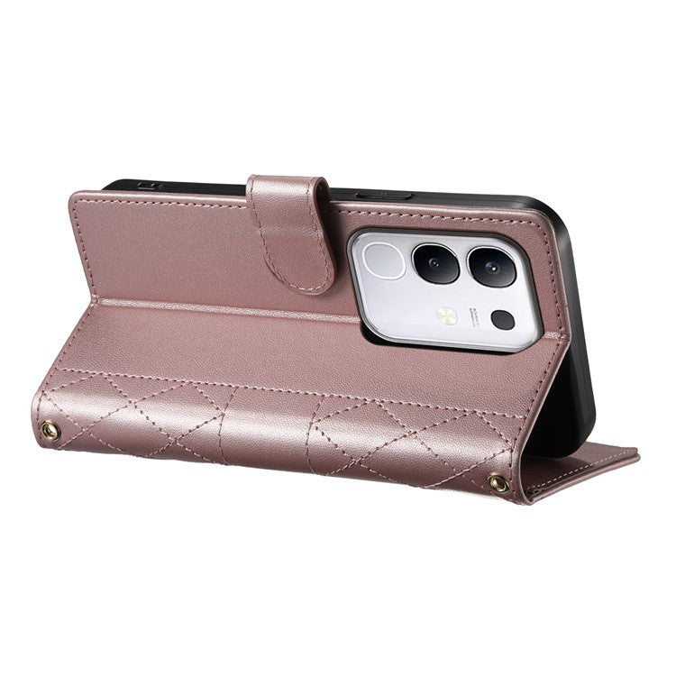 For vivo Y29 4G Case Rhombus Stitching Wallet Stand Leather Phone Cover with Long  /  Short Strap - Rose Gold