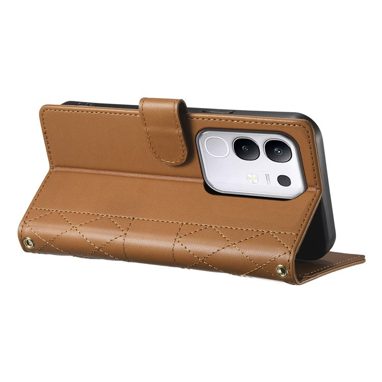 For vivo Y29 4G Case Rhombus Stitching Wallet Stand Leather Phone Cover with Long  /  Short Strap - Brown