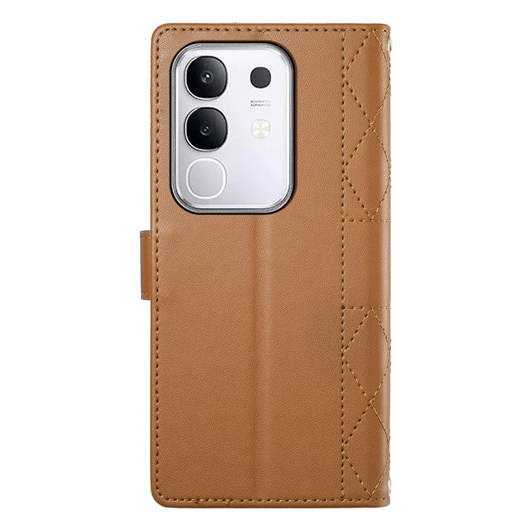 For vivo Y29 4G Case Rhombus Stitching Wallet Stand Leather Phone Cover with Long  /  Short Strap - Brown