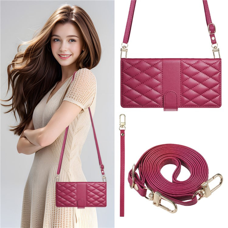 For vivo Y29 4G Case Rhombus Stitching Wallet Stand Leather Phone Cover with Long  /  Short Strap - Red