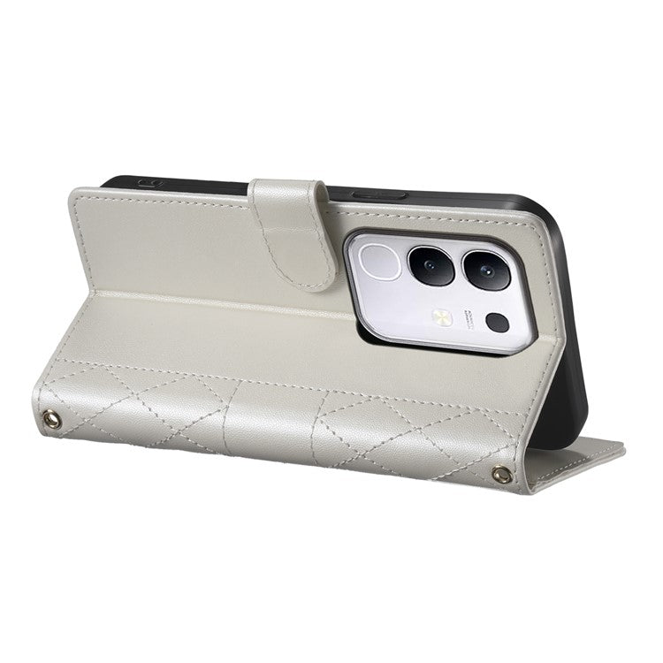 For vivo Y29 4G Case Rhombus Stitching Wallet Stand Leather Phone Cover with Long  /  Short Strap - Beige