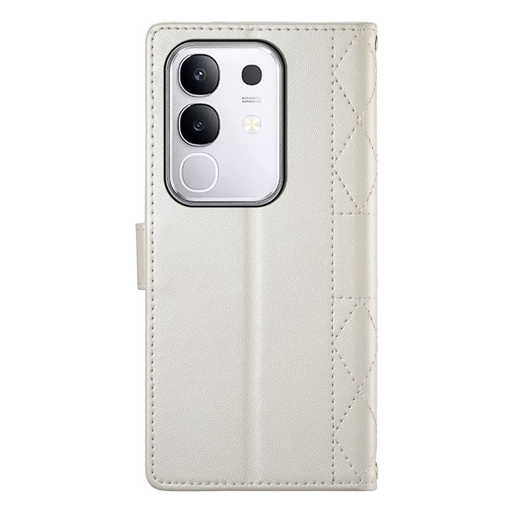 For vivo Y29 4G Case Rhombus Stitching Wallet Stand Leather Phone Cover with Long  /  Short Strap - Beige