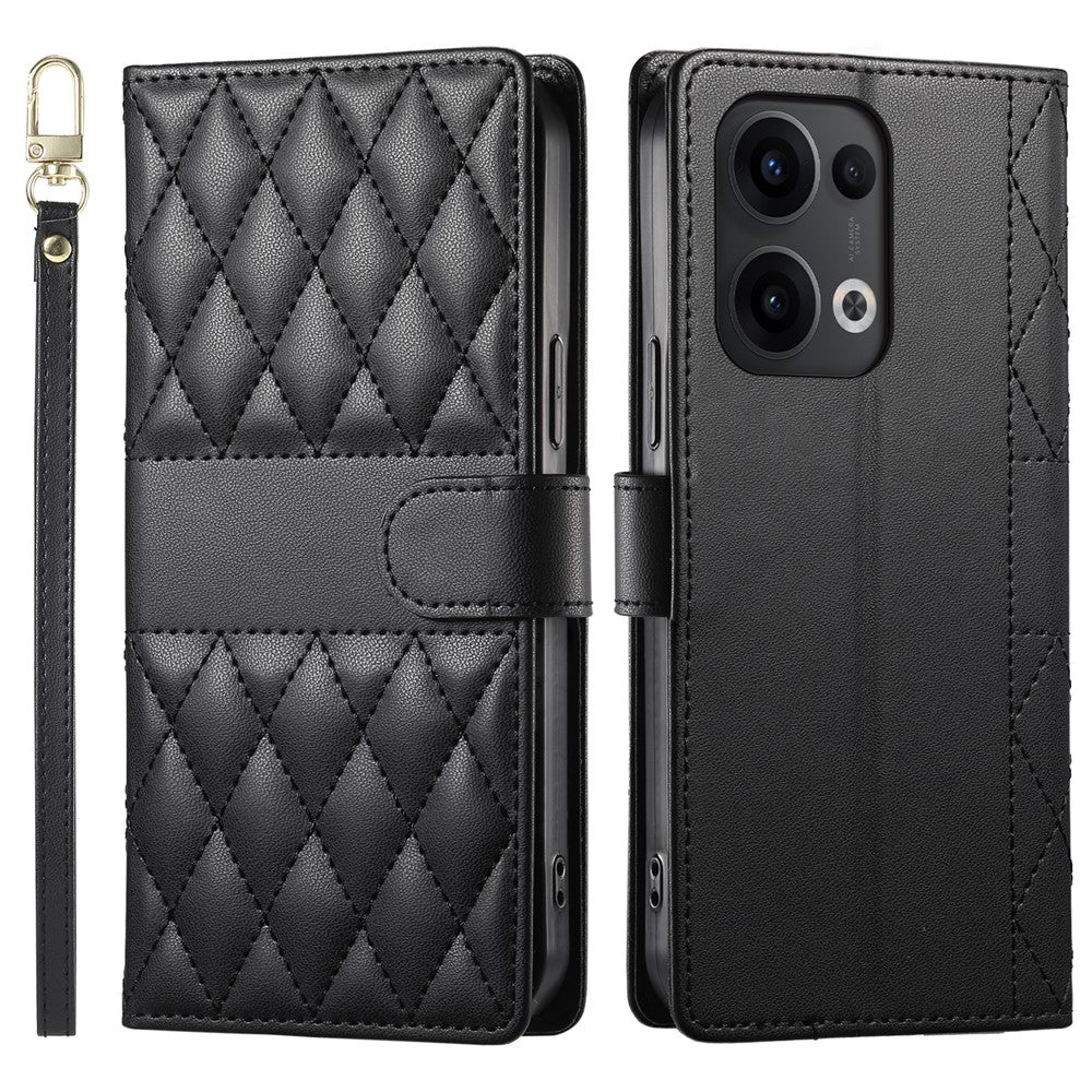 For Oppo Reno13 5G (Global) Case Rhombus Stitching Wallet Stand Leather Phone Cover with Long  /  Short Strap - Black