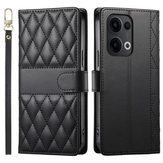 For Oppo Reno13 5G (Global) Case Rhombus Stitching Wallet Stand Leather Phone Cover with Long  /  Short Strap - Black