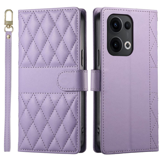 For Oppo Reno13 5G (Global) Case Rhombus Stitching Wallet Stand Leather Phone Cover with Long  /  Short Strap - Purple
