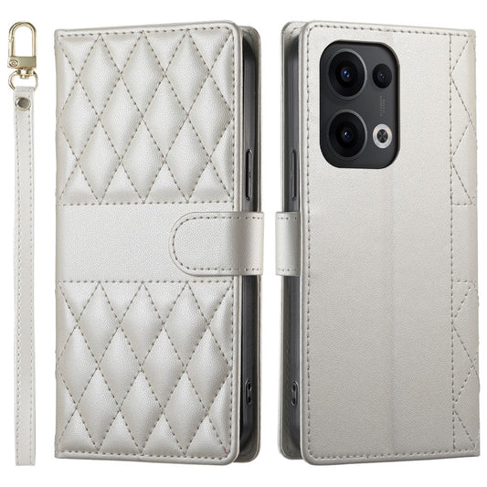 For Oppo Reno13 5G (Global) Case Rhombus Stitching Wallet Stand Leather Phone Cover with Long  /  Short Strap - Beige