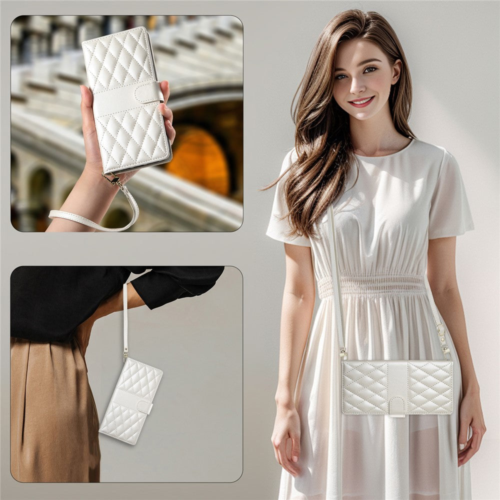 For Oppo Reno13 5G (Global) Case Rhombus Stitching Wallet Stand Leather Phone Cover with Long  /  Short Strap - Beige