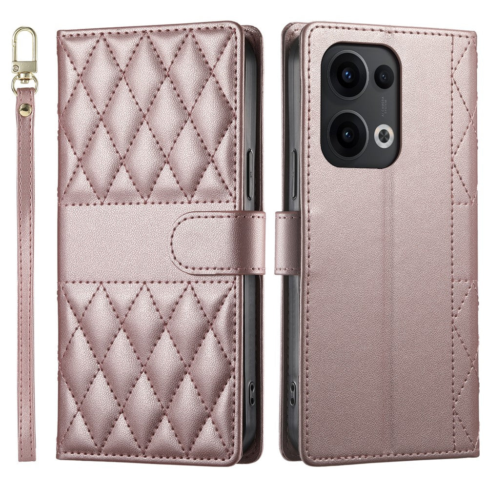 For Oppo Reno13 5G (Global) Case Rhombus Stitching Wallet Stand Leather Phone Cover with Long  /  Short Strap - Rose Gold