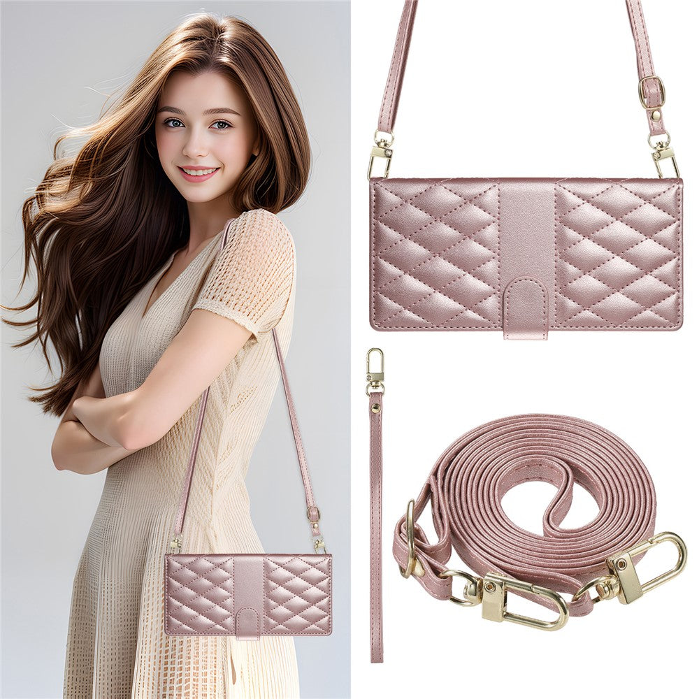 For Oppo Reno13 5G (Global) Case Rhombus Stitching Wallet Stand Leather Phone Cover with Long  /  Short Strap - Rose Gold