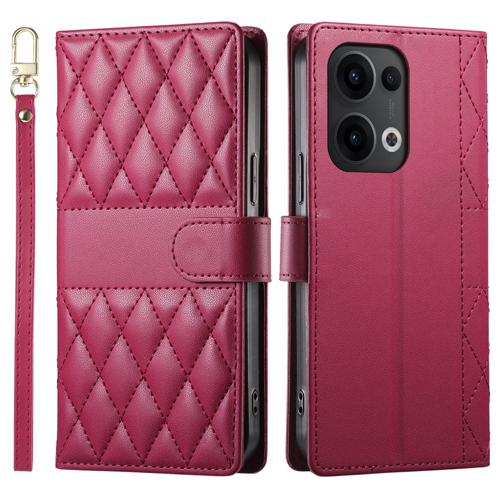 For Oppo Reno13 5G (Global) Case Rhombus Stitching Wallet Stand Leather Phone Cover with Long  /  Short Strap - Red