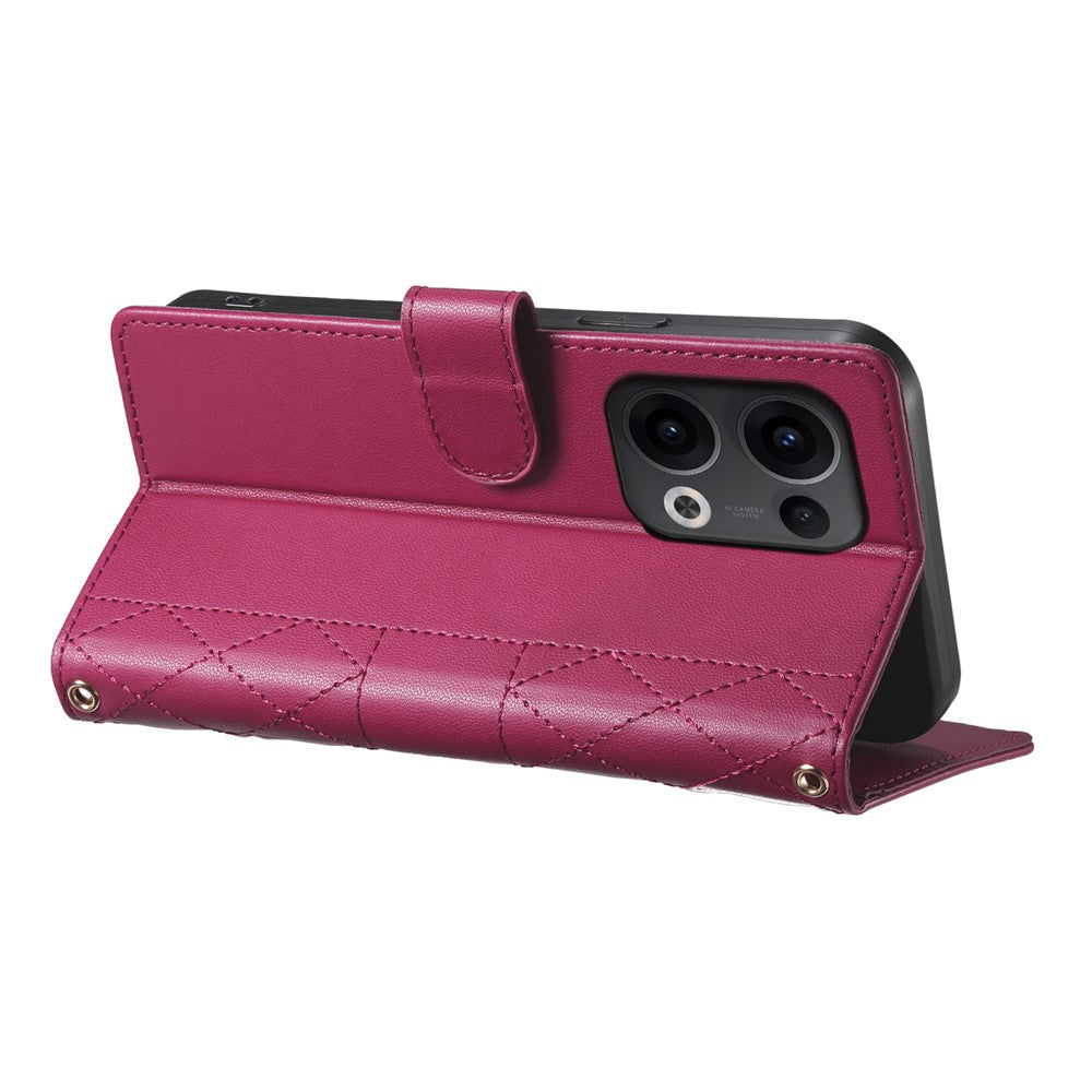 For Oppo Reno13 5G (Global) Case Rhombus Stitching Wallet Stand Leather Phone Cover with Long  /  Short Strap - Red