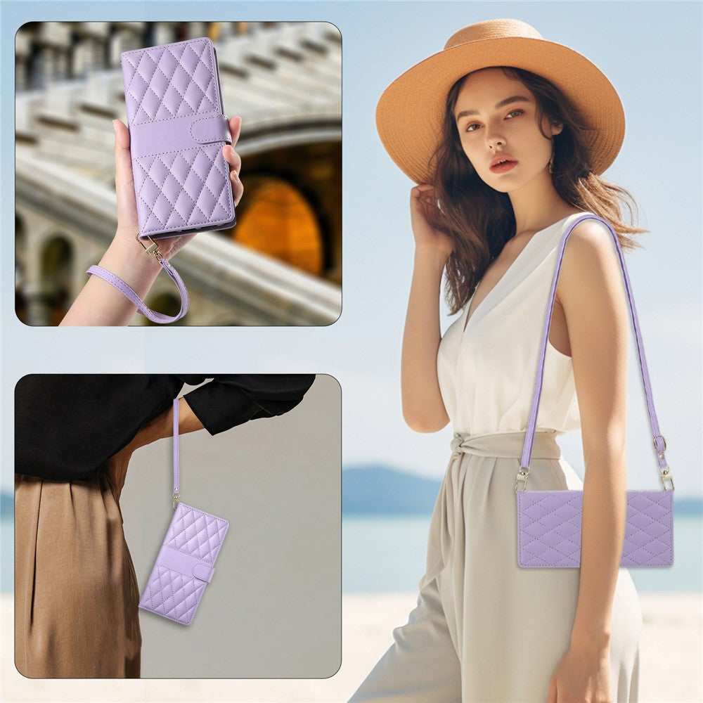 For Oppo Reno13 Pro 5G Case Rhombus Stitching Wallet Stand Leather Phone Cover with Long  /  Short Strap - Purple