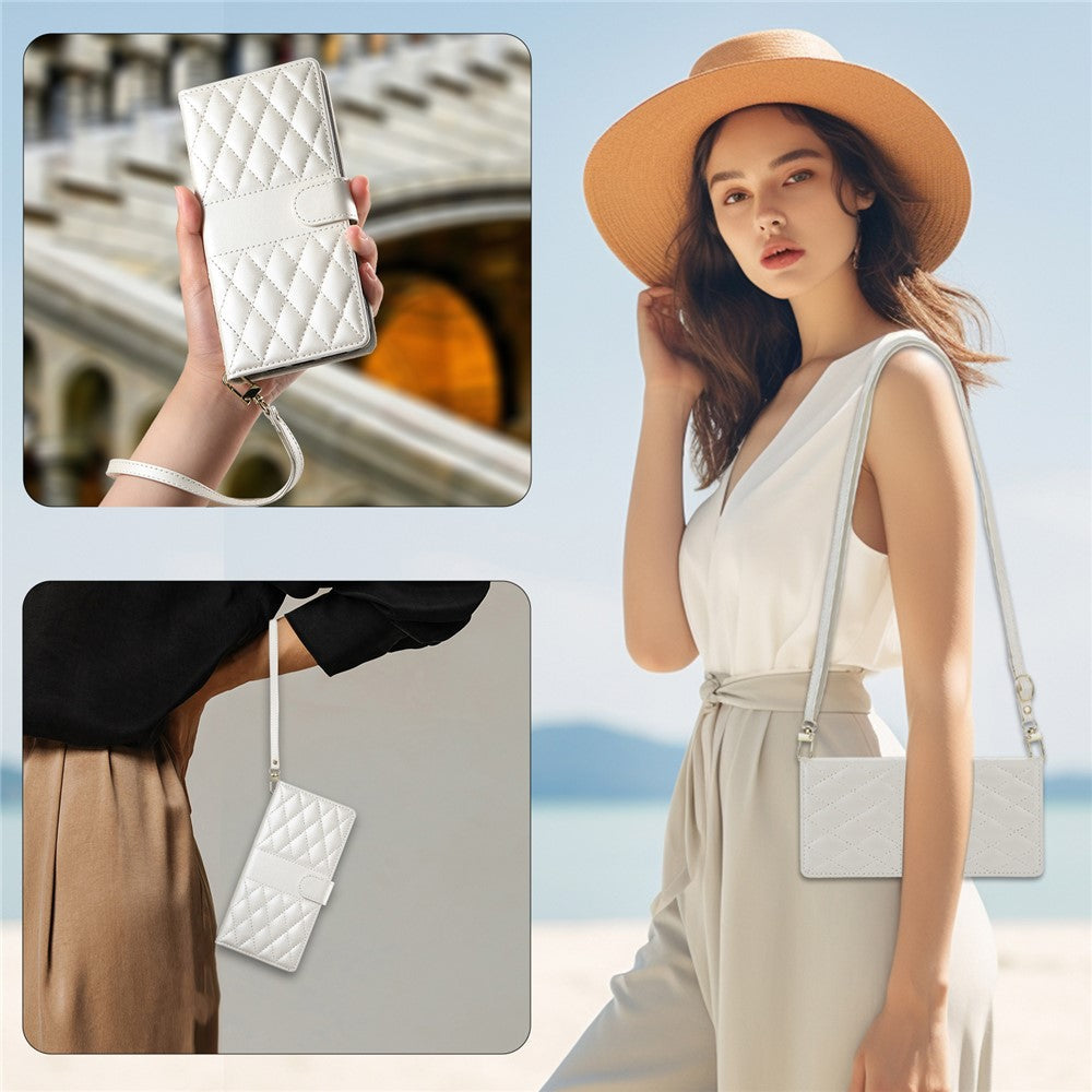 For Oppo Reno13 Pro 5G Case Rhombus Stitching Wallet Stand Leather Phone Cover with Long  /  Short Strap - Beige