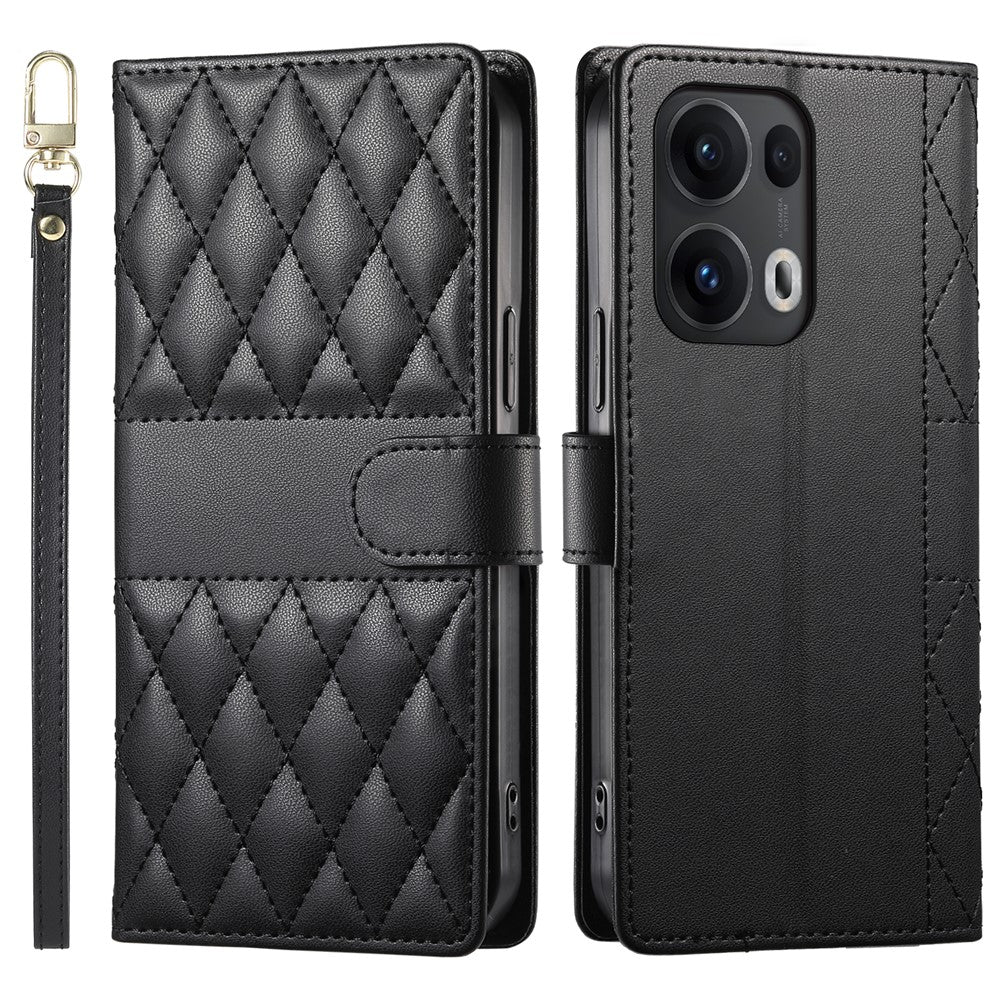 For Oppo Reno13 Pro 5G Case Rhombus Stitching Wallet Stand Leather Phone Cover with Long  /  Short Strap - Black