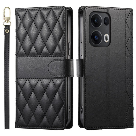For Oppo Reno13 Pro 5G Case Rhombus Stitching Wallet Stand Leather Phone Cover with Long  /  Short Strap - Black