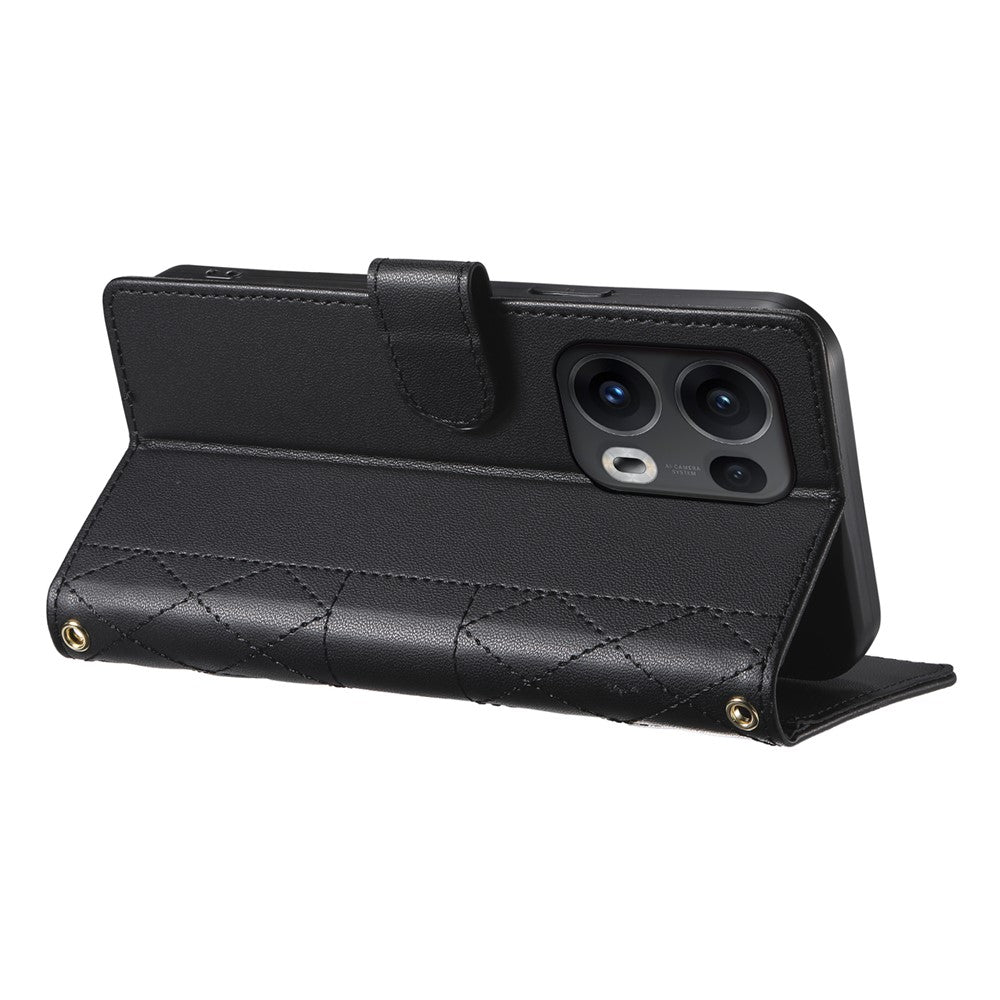For Oppo Reno13 Pro 5G Case Rhombus Stitching Wallet Stand Leather Phone Cover with Long  /  Short Strap - Black