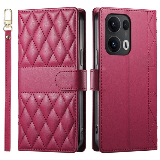 For Oppo Reno13 Pro 5G Case Rhombus Stitching Wallet Stand Leather Phone Cover with Long  /  Short Strap - Red