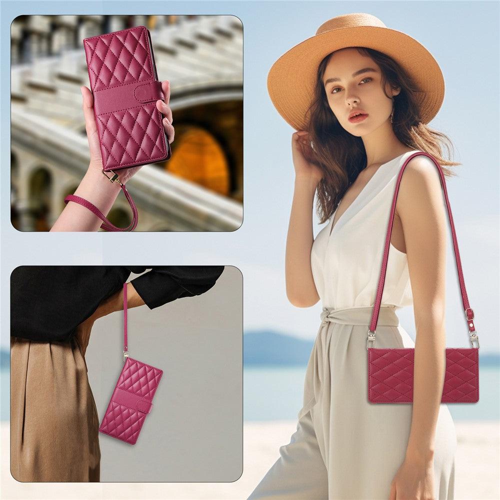 For Oppo Reno13 Pro 5G Case Rhombus Stitching Wallet Stand Leather Phone Cover with Long  /  Short Strap - Red