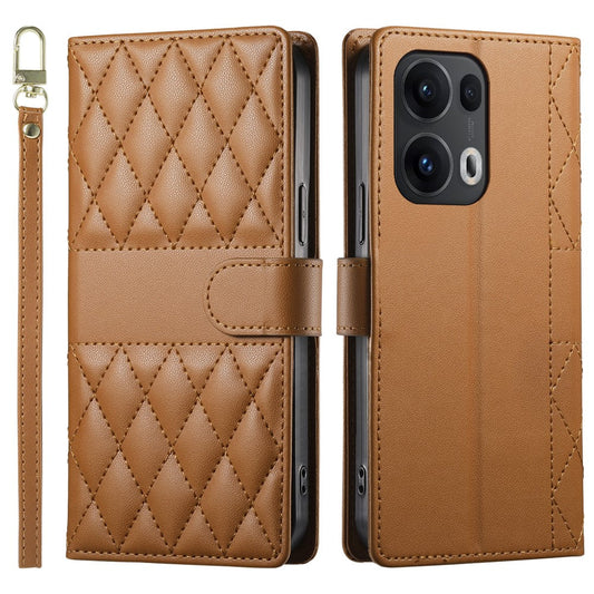 For Oppo Reno13 Pro 5G Case Rhombus Stitching Wallet Stand Leather Phone Cover with Long  /  Short Strap - Brown
