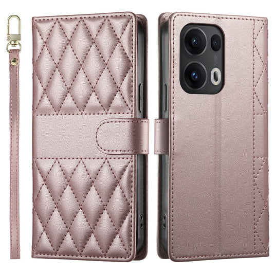 For Oppo Reno13 Pro 5G Case Rhombus Stitching Wallet Stand Leather Phone Cover with Long  /  Short Strap - Rose Gold