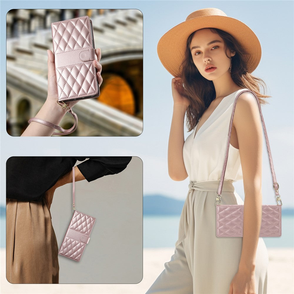 For Oppo Reno13 Pro 5G Case Rhombus Stitching Wallet Stand Leather Phone Cover with Long  /  Short Strap - Rose Gold