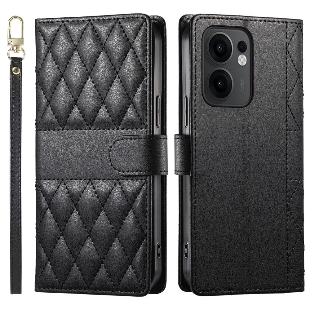 For Oppo Reno13 F 5G Case Rhombus Stitching Wallet Stand Leather Phone Cover with Long  /  Short Strap - Black
