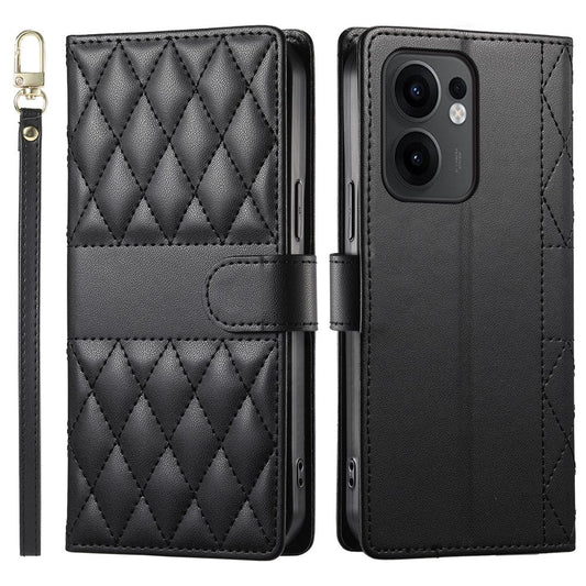 For Oppo Reno13 F 5G Case Rhombus Stitching Wallet Stand Leather Phone Cover with Long  /  Short Strap - Black