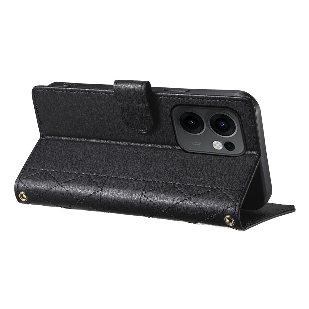 For Oppo Reno13 F 5G Case Rhombus Stitching Wallet Stand Leather Phone Cover with Long  /  Short Strap - Black