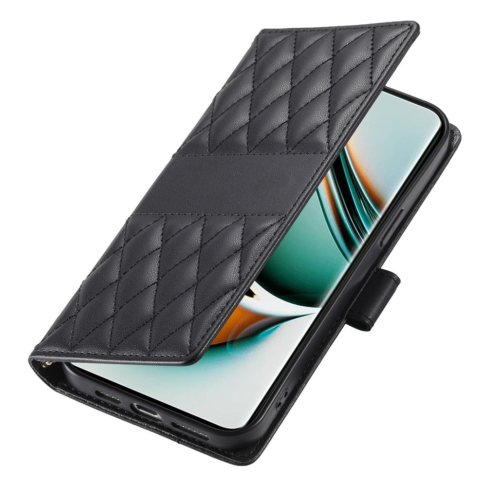 For Oppo Reno13 F 5G Case Rhombus Stitching Wallet Stand Leather Phone Cover with Long  /  Short Strap - Black