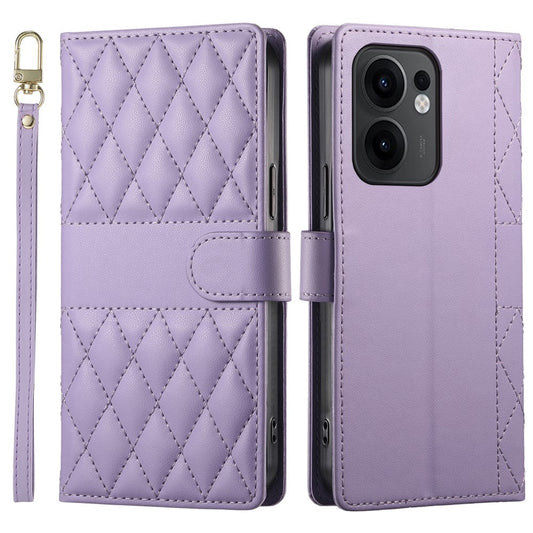 For Oppo Reno13 F 5G Case Rhombus Stitching Wallet Stand Leather Phone Cover with Long  /  Short Strap - Purple