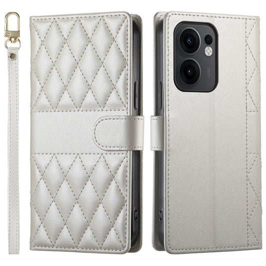 For Oppo Reno13 F 5G Case Rhombus Stitching Wallet Stand Leather Phone Cover with Long  /  Short Strap - Beige