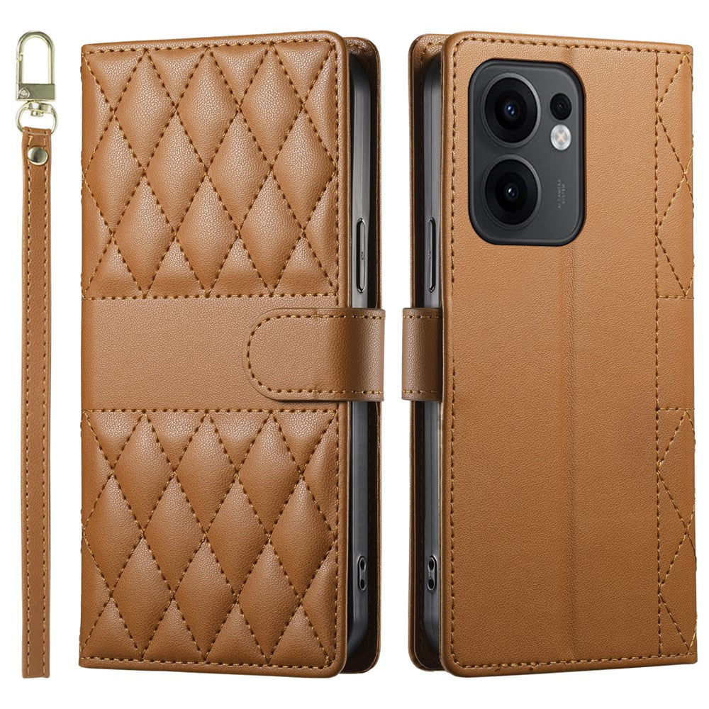 For Oppo Reno13 F 5G Case Rhombus Stitching Wallet Stand Leather Phone Cover with Long  /  Short Strap - Brown