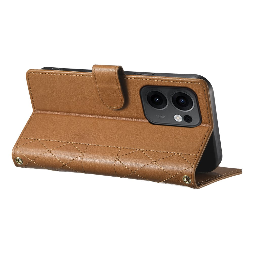 For Oppo Reno13 F 5G Case Rhombus Stitching Wallet Stand Leather Phone Cover with Long  /  Short Strap - Brown