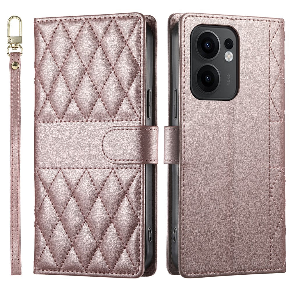 For Oppo Reno13 F 5G Case Rhombus Stitching Wallet Stand Leather Phone Cover with Long  /  Short Strap - Rose Gold