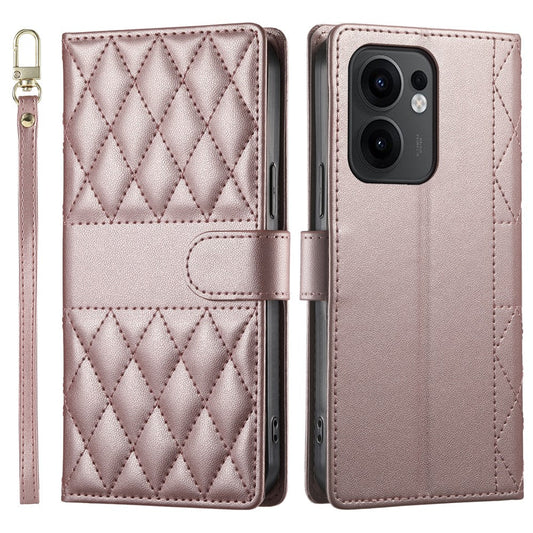 For Oppo Reno13 F 5G Case Rhombus Stitching Wallet Stand Leather Phone Cover with Long  /  Short Strap - Rose Gold