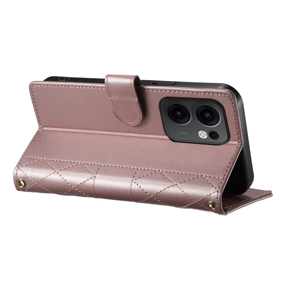 For Oppo Reno13 F 5G Case Rhombus Stitching Wallet Stand Leather Phone Cover with Long  /  Short Strap - Rose Gold