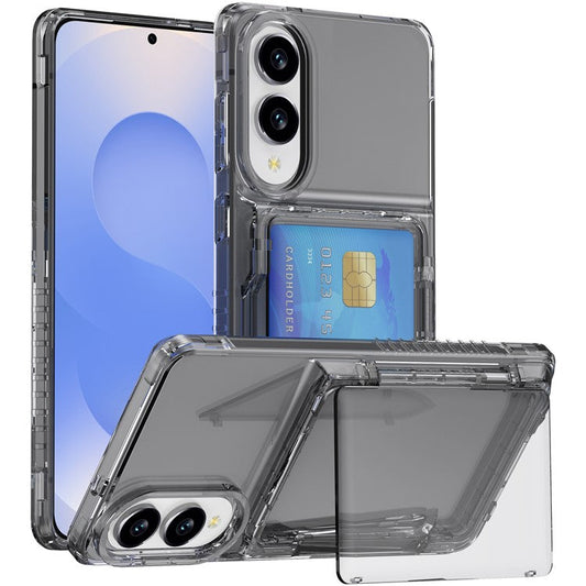 For Samsung Galaxy S25 Edge Clear Case PC + TPU Phone Cover Card Holder Kickstand - Transparent Black