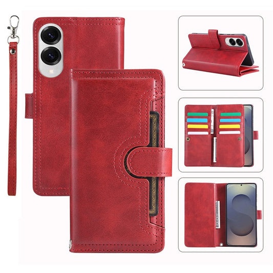 For Samsung Galaxy S25 Edge Case Split Leather Magnetic Wallet Phone Protector with Wrist Strap - Red