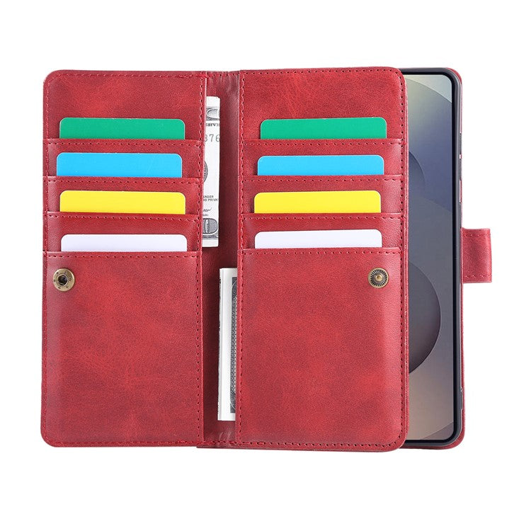 For Samsung Galaxy S25 Edge Case Split Leather Magnetic Wallet Phone Protector with Wrist Strap - Red