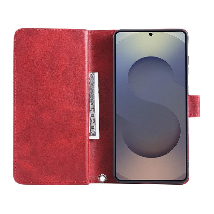 For Samsung Galaxy S25 Edge Case Split Leather Magnetic Wallet Phone Protector with Wrist Strap - Red