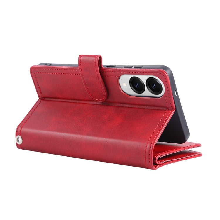 For Samsung Galaxy S25 Edge Case Split Leather Magnetic Wallet Phone Protector with Wrist Strap - Red