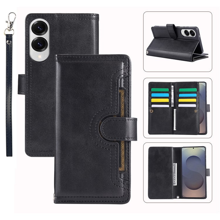 For Samsung Galaxy S25 Edge Case Split Leather Magnetic Wallet Phone Protector with Wrist Strap - Black